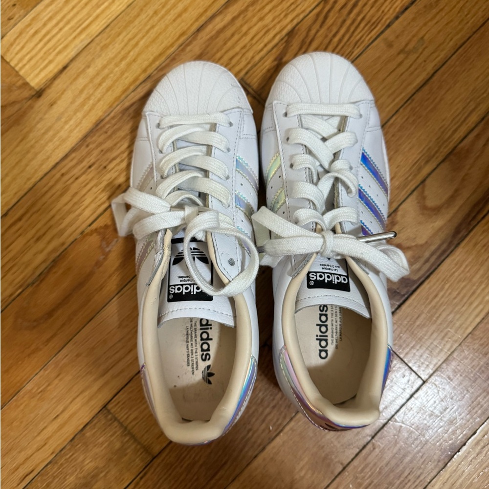 adidas Kids White Sneakers with Iridescent Three Stripes